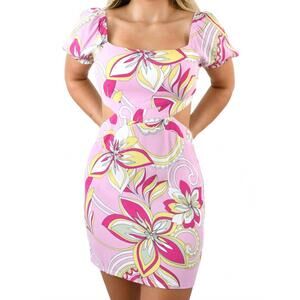 NEW SKY TO MOON pucci pattern inspired short sleeve cut out dress in light pink